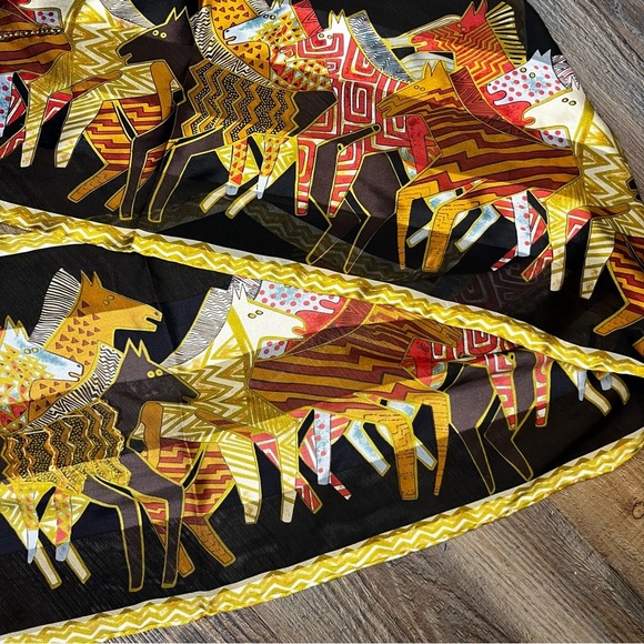 Laurel Burch Silk Scarf Native Horses With Sequins Black 53”x10” - Picture 4 of 11